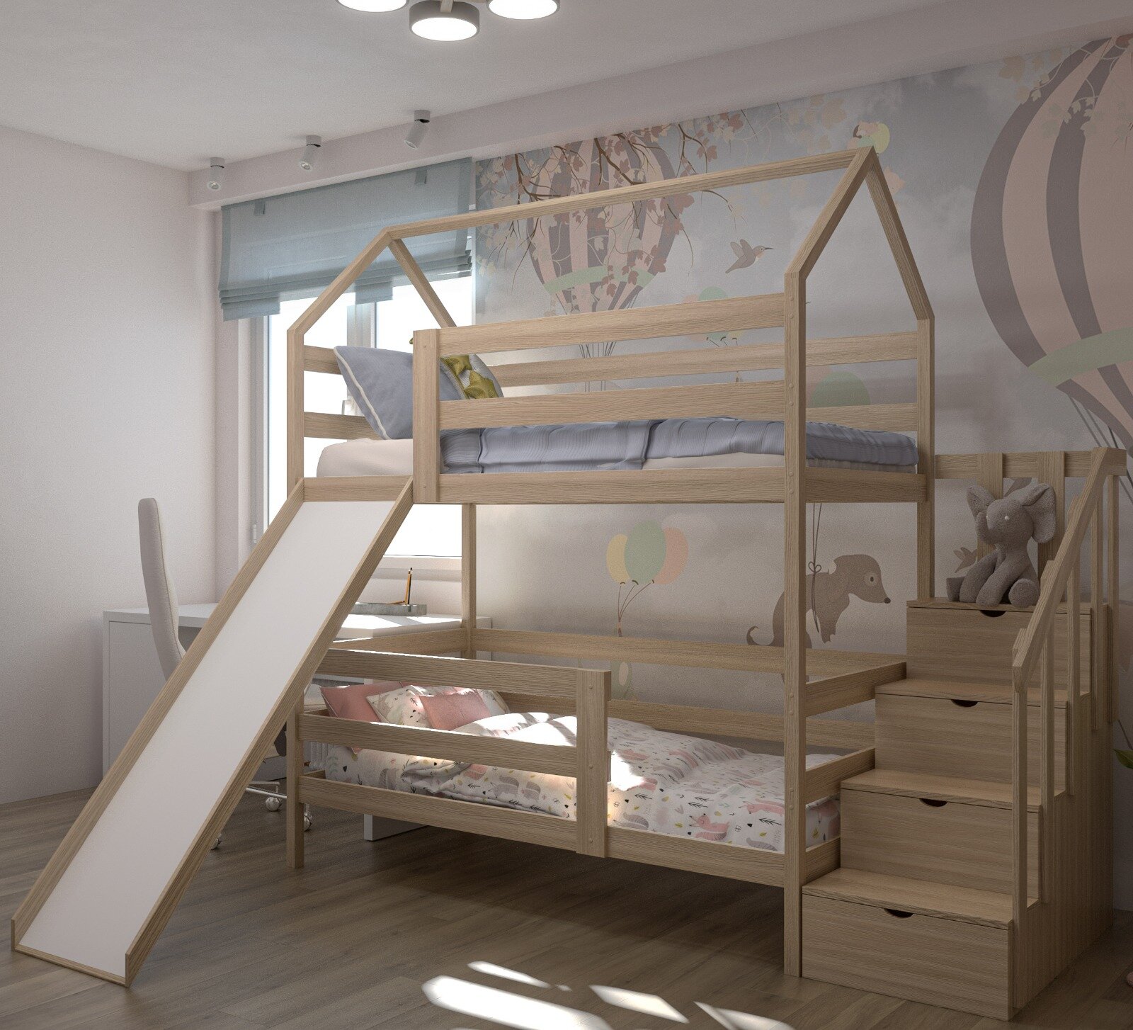 фото Кровать детская, подростковая "Двухъярусная с лестницей-комодом и горкой", спальное место 160х80, натуральный цвет, из массива