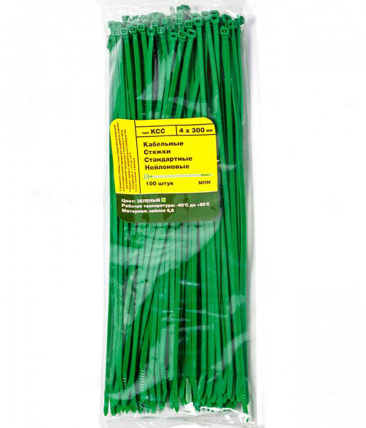 Стяжка кабельная нейлоновая (хомут) 4х300 мм, зеленая (в упаковке 100 штук)