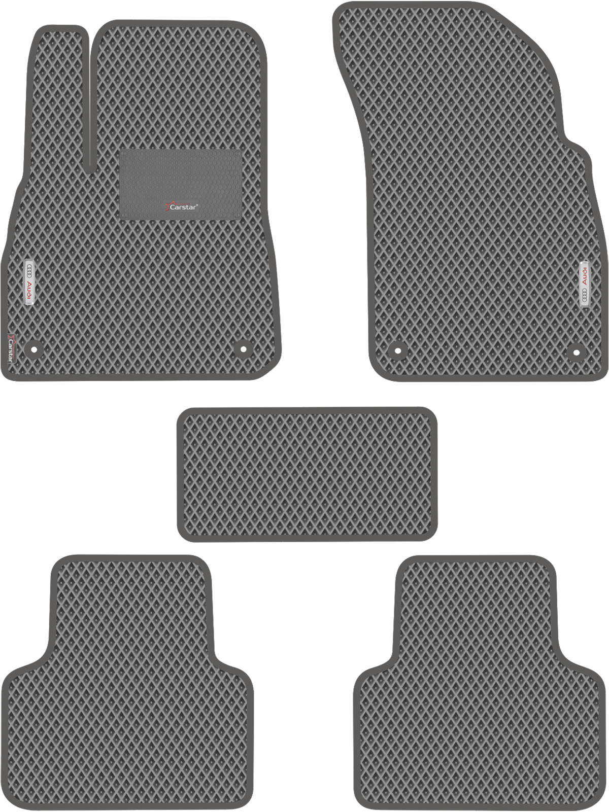 Автомобильные коврики EVA для Audi Q8 I (2018-н/в), с каучуковым подпятником и 2 эмблемами Audi, серые с серым кантом, ячейка - ромб