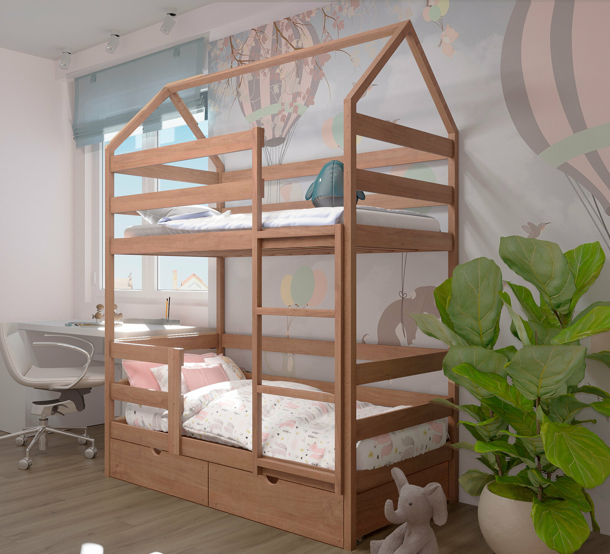 Кровать детская, подростковая "Двухъярусная-домик", спальное место 160х80, в комплекте с выкатными ящиками, натуральный цвет, из массива