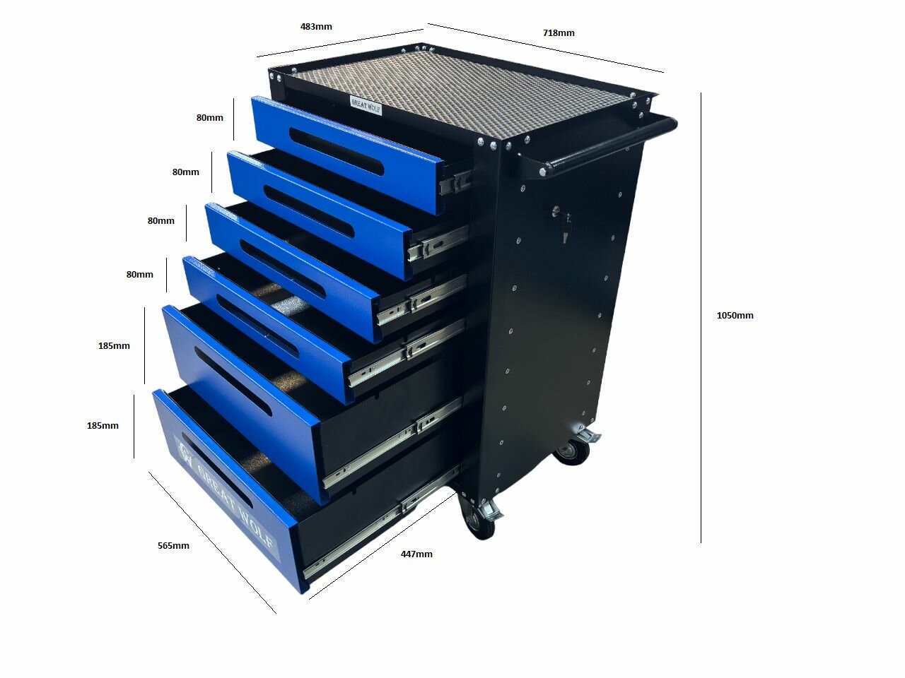 Инструментальная тележка Great Wolf 6 ящиков центральный замок колеса с тормозом синяя GWT-B6L