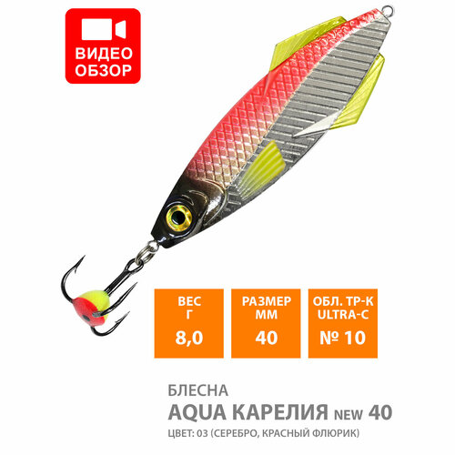 фото Блесна зимняя для рыбалки aqua карелия new 08,0g, цвет 03 (серебро, красный флюр, черный)