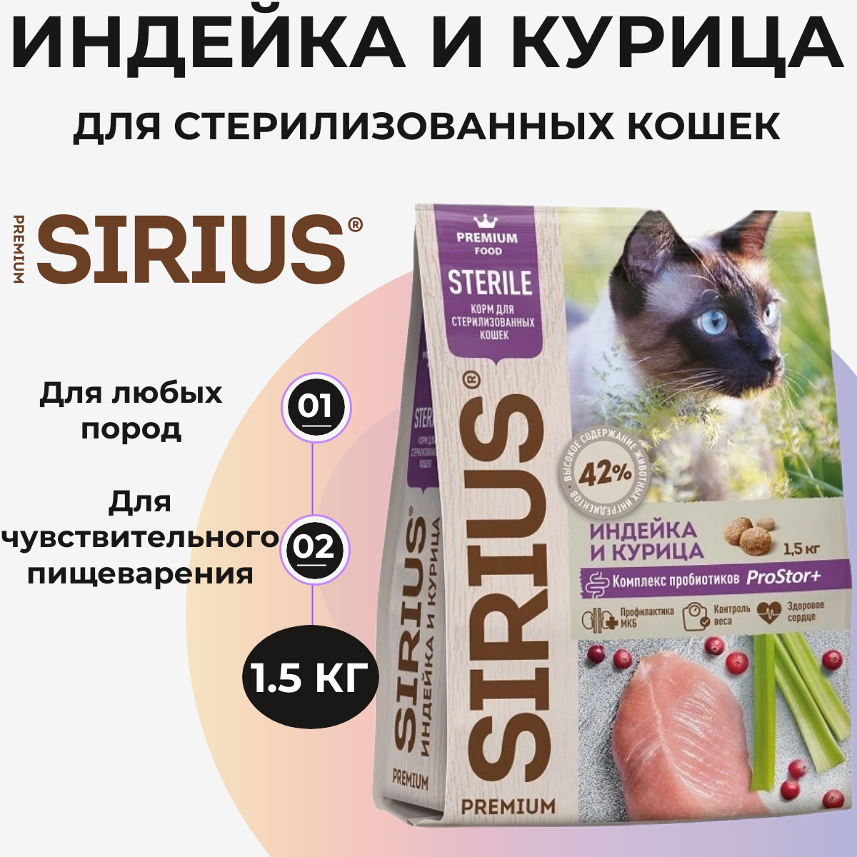 Сухой корм для стерилизованных кошек Sirius Premium Sterile с индейкой и курицей 1.5 кг