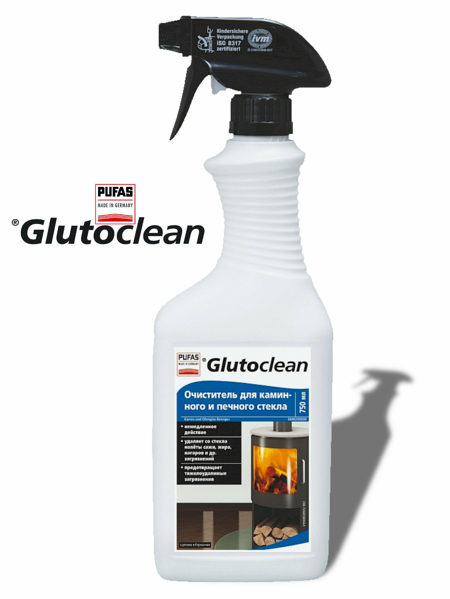 фото Glutoclean Очиститель для каминного и печного стекла 750 мл. для удаления налётов сажи, нагаров, жира и тяжело удалимых загрязнений
