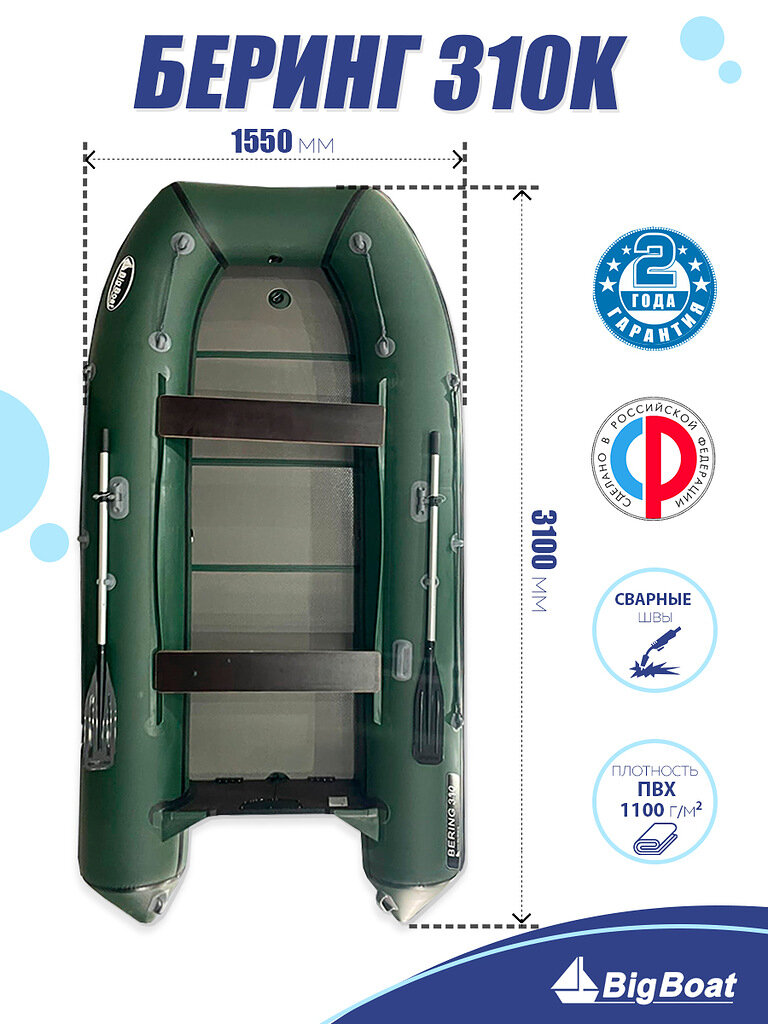 Надувная, под мотор, килевая лодка из ПВХ для рыбалки Bering (Беринг) 310К пол-книжка