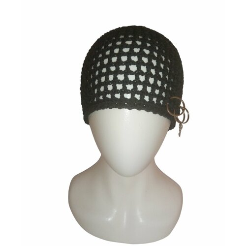 фото Шапка шапка-сетка вязаная крючком, шапка с кольцами, размер 54-56, черный нет