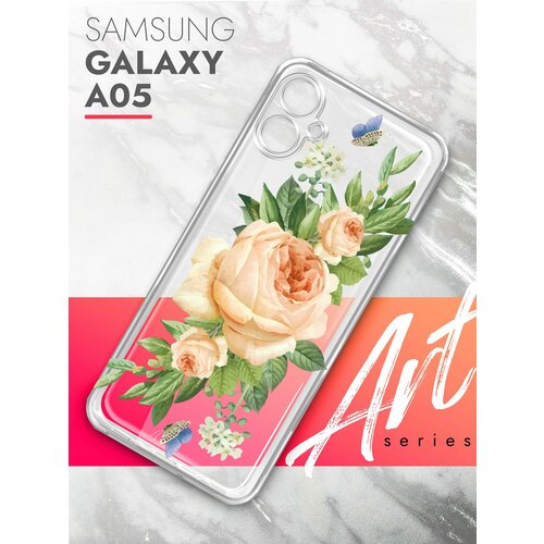 Чехол на Samsung Galaxy A05 (Самсунг Галакси А05), прозрачный силиконовый с защитой (бортиком) вокруг камер, Brozo (принт) Бежевые Розы чехол на samsung galaxy a05 самсунг галакси а05 прозрачный силиконовый с защитой бортиком вокруг камер brozo принт корги в пончике