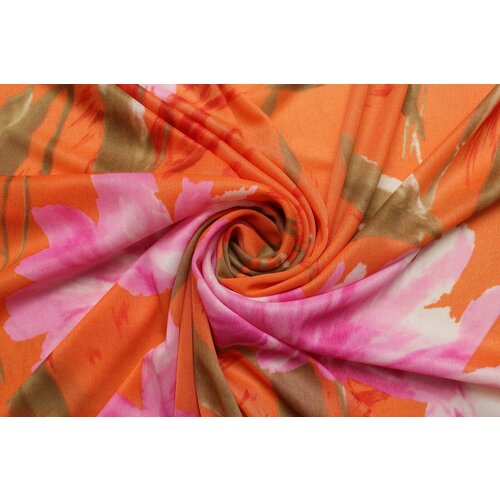 Ткань Трикотаж-стрейч розовые пионы на оранжевом, ш150см, 0,5 м