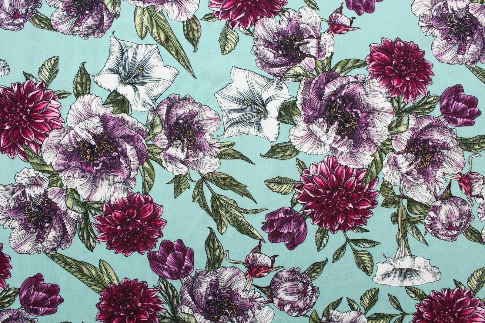 Ткань Вискоза плательная цветы на мятном фоне, ш140см, 0,5 м
