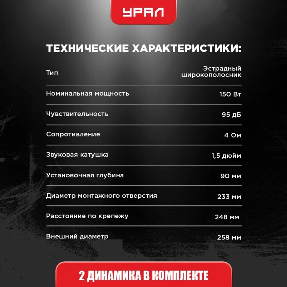 Колонки автомобильные Ural Молния АС-МЛ250 (без решетки) 300Вт 95дБ 4Ом 25см (10дюйм) (ком.:2кол.) широкополосные однополосные - фото №12