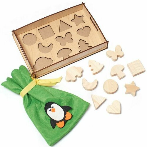Развивающий набор Smile Decor Чудесный мешочек и пингвин Льдинка, тактильно-сенсорная игра, в комплекте деревянная коробка-планшет с вкладышами, текстильный мешочек и кукла для пальчикового театра