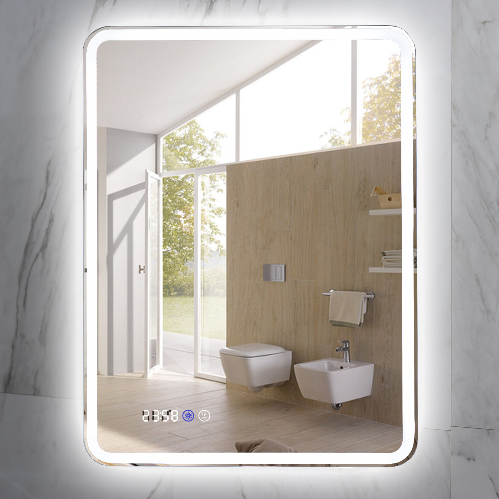 Зеркало для ванной с LED подсветкой, сенсором, диммером, часами и подогревом, Размер 50см х 80см. арт. AN-M-5080-t-w-s