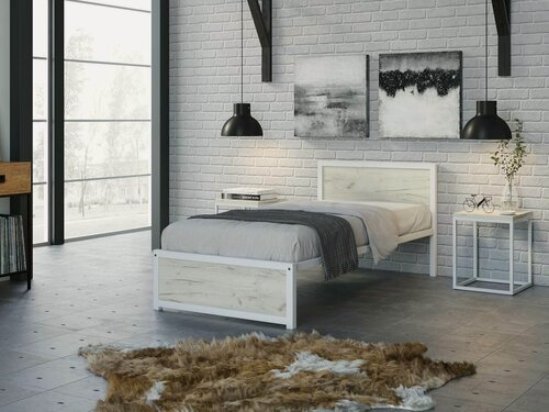 Изображение товара Кровать металлическая Титан Лофт 90х200 белый/дуб крафт белый