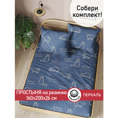 фото Простынь на резинке сказка "котики" 160х200 см