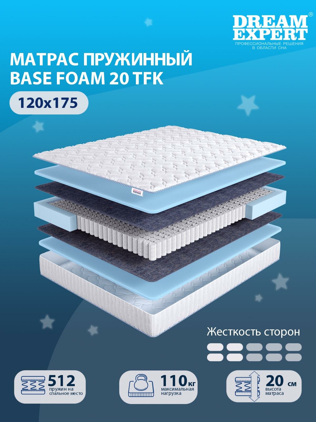 Матрас, Ортопедический матрас DreamExpert Base Foam 20 TFK ниже средней жесткости, полутораспальный, независимый пружинный блок, на кровать 120x175