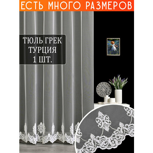 фото Однотонный тюль грек сетка с узорной вышивкой и люрексом 600x250 см. a&h