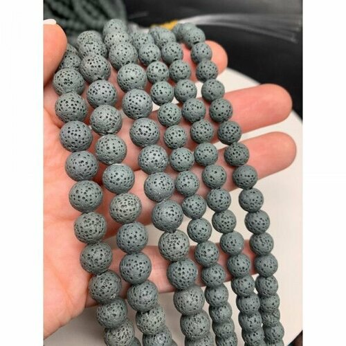 Каменные бусины, вулканическая лава люкс, пористая тонированная, серая, шарик гладкий, 10 мм, длина нити 38 см, около 38 бусин