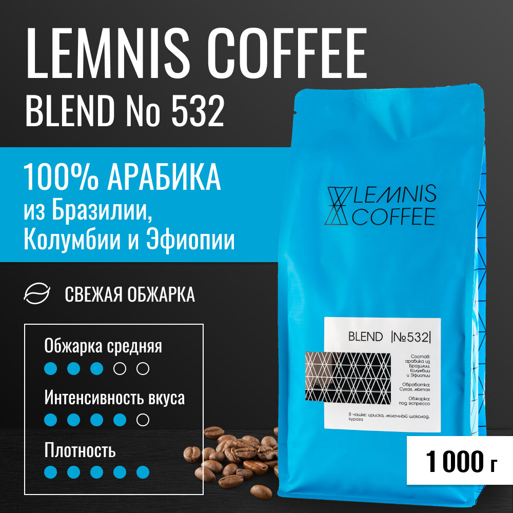 Кофе в зернах 1 кг, Арабика 100% - LEMNIS BLEND 532, свежеобжаренный