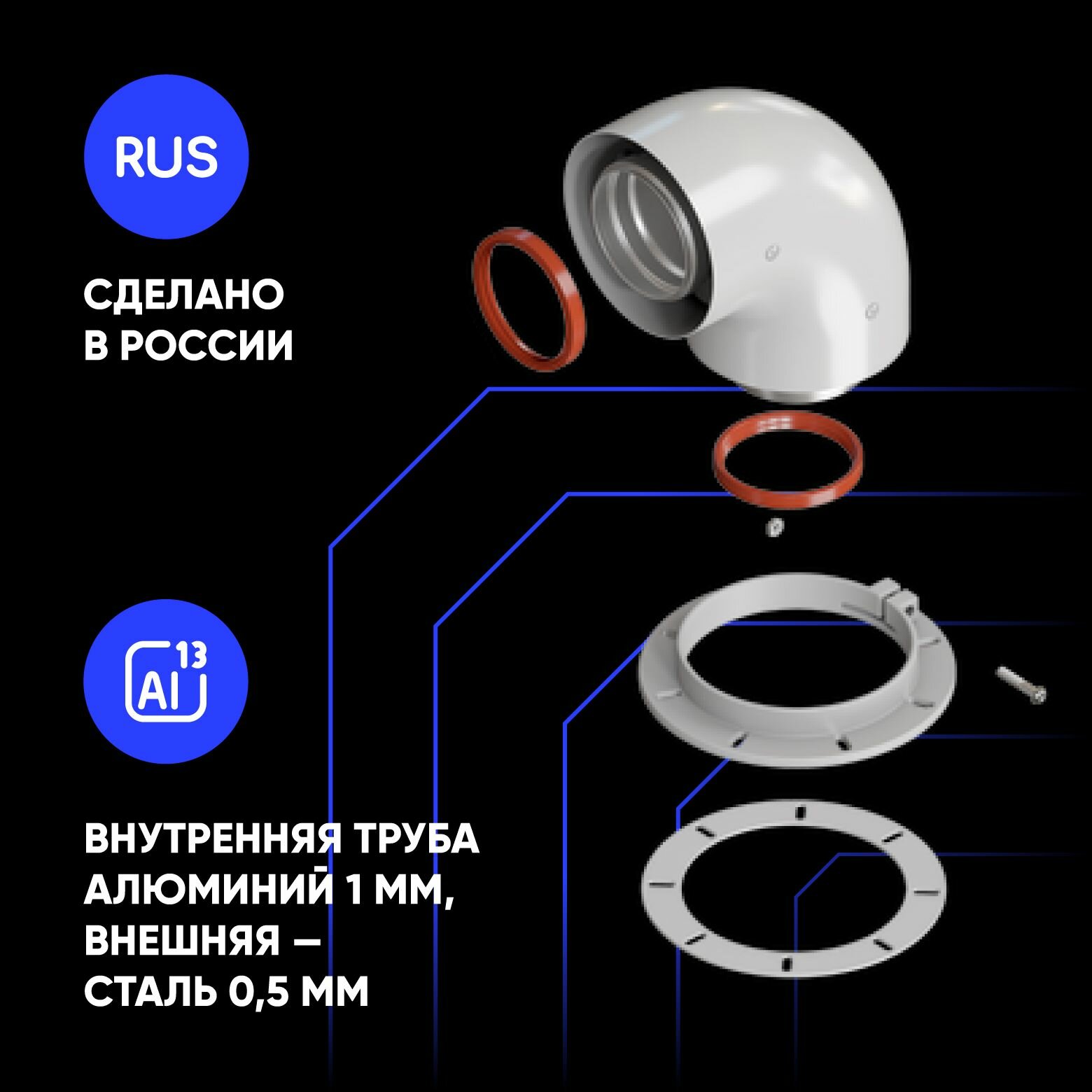 Изображение Комплект дымохода антилед 60/100-750мм рабоч. длина (Bosch, Navien S/C/E, Baxi ECO Nova/Classic, Federica Bugatti, Fondital и др.) в комплекте фланец