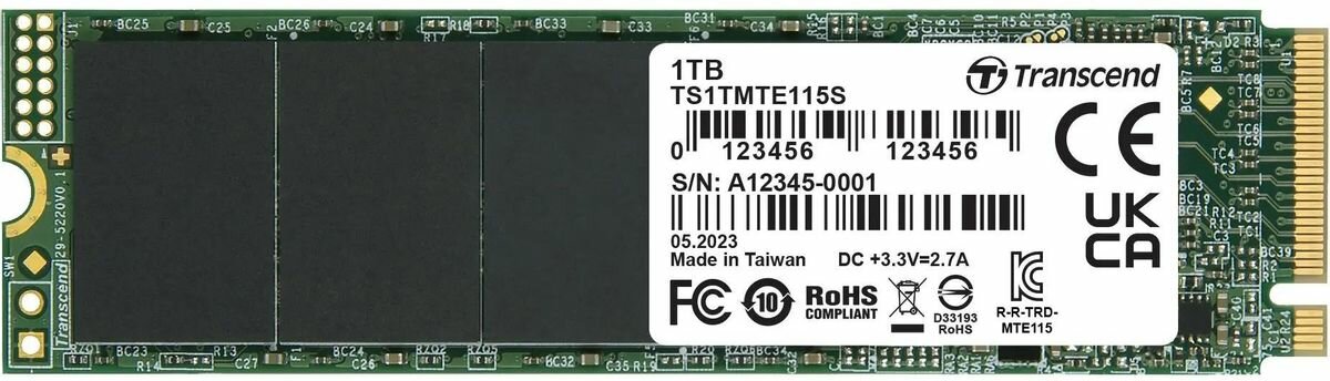 SSD накопитель Transcend 115S TS1TMTE115S 1ТБ, M.2 2280, PCIe 3.0 x4, NVMe, M.2