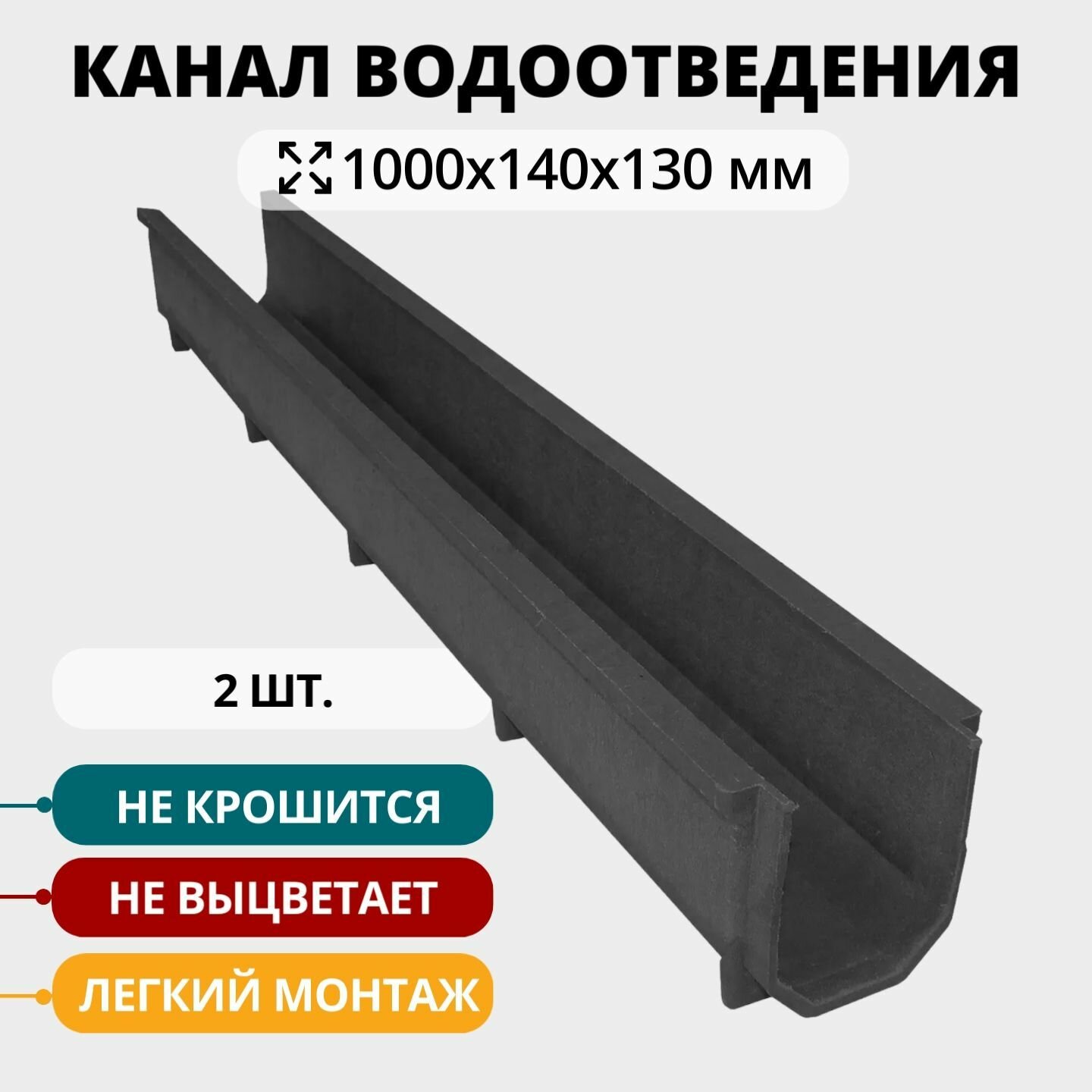 фото Полимерно-песчаный лоток водоотведения 2 шт, 1000х140х70 мм, черный