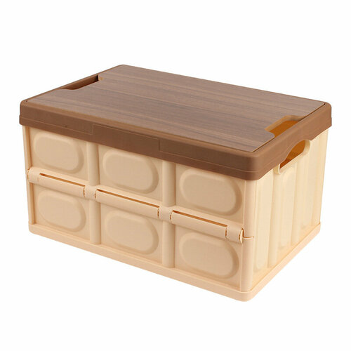 Складной ящик для хранения вещей с деревянной крышкой бежевый