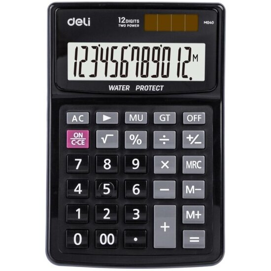 Калькулятор Deli настольный компактный 12раз, влагоз-й, дв. пит, черн. EM04031