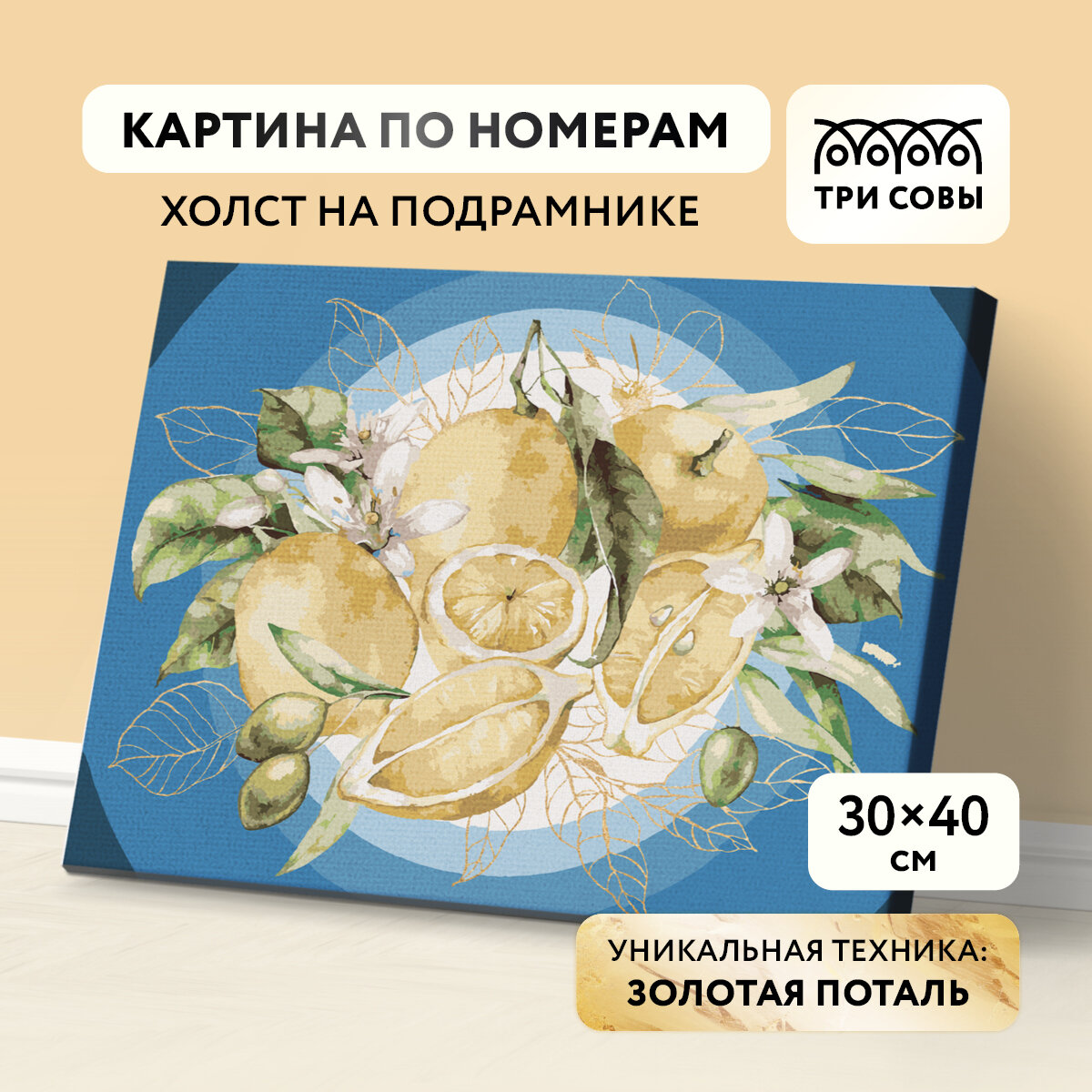 Картина по номерам 30*40 см ТРИ совы “Лимоны” с деревянным подрамником, с поталью, живопись на холсте, раскраска, с акриловыми красками и кистями
