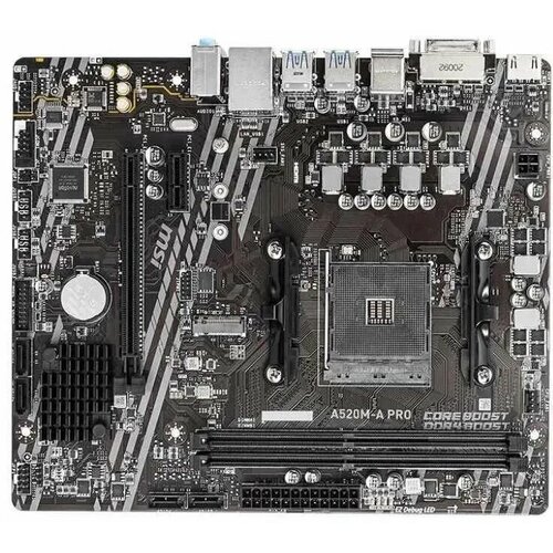 Материнская плата для настольного ПК MSI A520M-A PRO MicroATX Socket AM4 Чипсет AMD A520 2 x DDR4 1 слот 16x PCI-E 1 разъем M Key SATA PCI-E 2242 2260 2280 869000₽