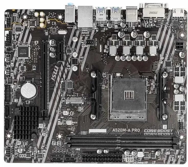 Материнская плата для настольного ПК MSI A520M-A PRO, MicroATX Socket AM4, Чипсет: AMD A520, 2 x DDR4, 1 слот 16x, PCI-E 1 разъем M Key SATA, PCI-E 2242, 2260, 2280