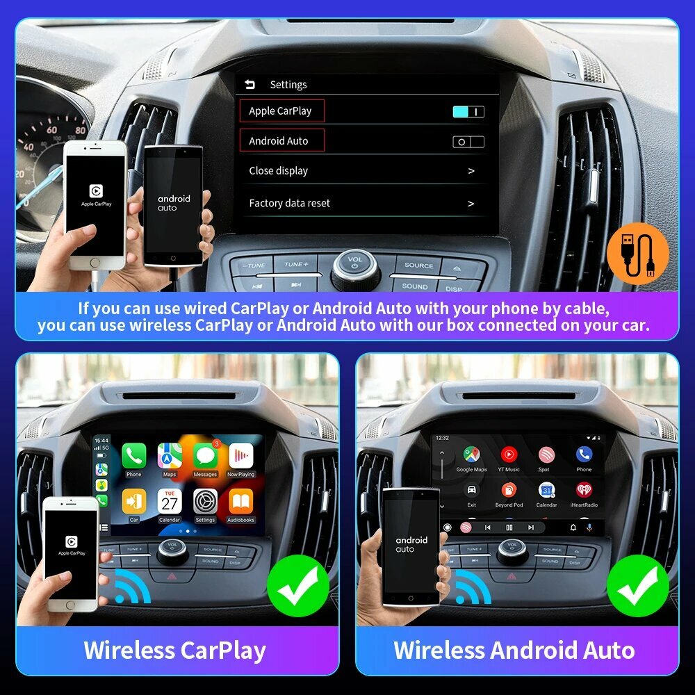 EKIY CarPlay Android Auto Box адаптер проводной к беспроводному для Audi Toyota Mazda Nissan Chevrolet Suzuki Subaru Kia Ford Opel Skoda, EC14-DD, Ship in 24Hours — фото 1