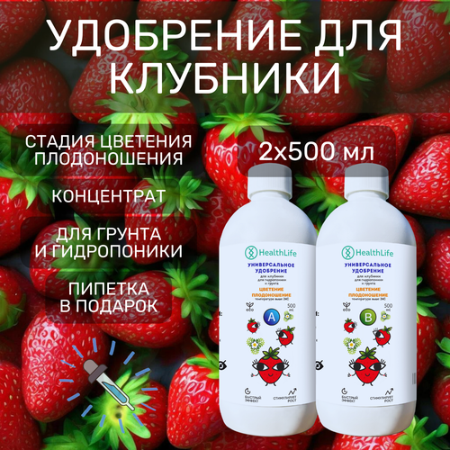 Комплекс HealthLife Удобрение для клубники А+В стадия Цветение Плодоношение(2 по 500 мл) концентрат для гидропоники и грунта увеличивает урожайность