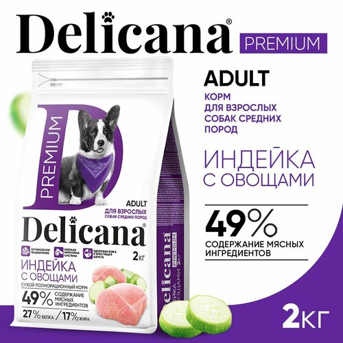 DELICANA Корм сухой для собак средних пород Индейка с овощами 2 кг