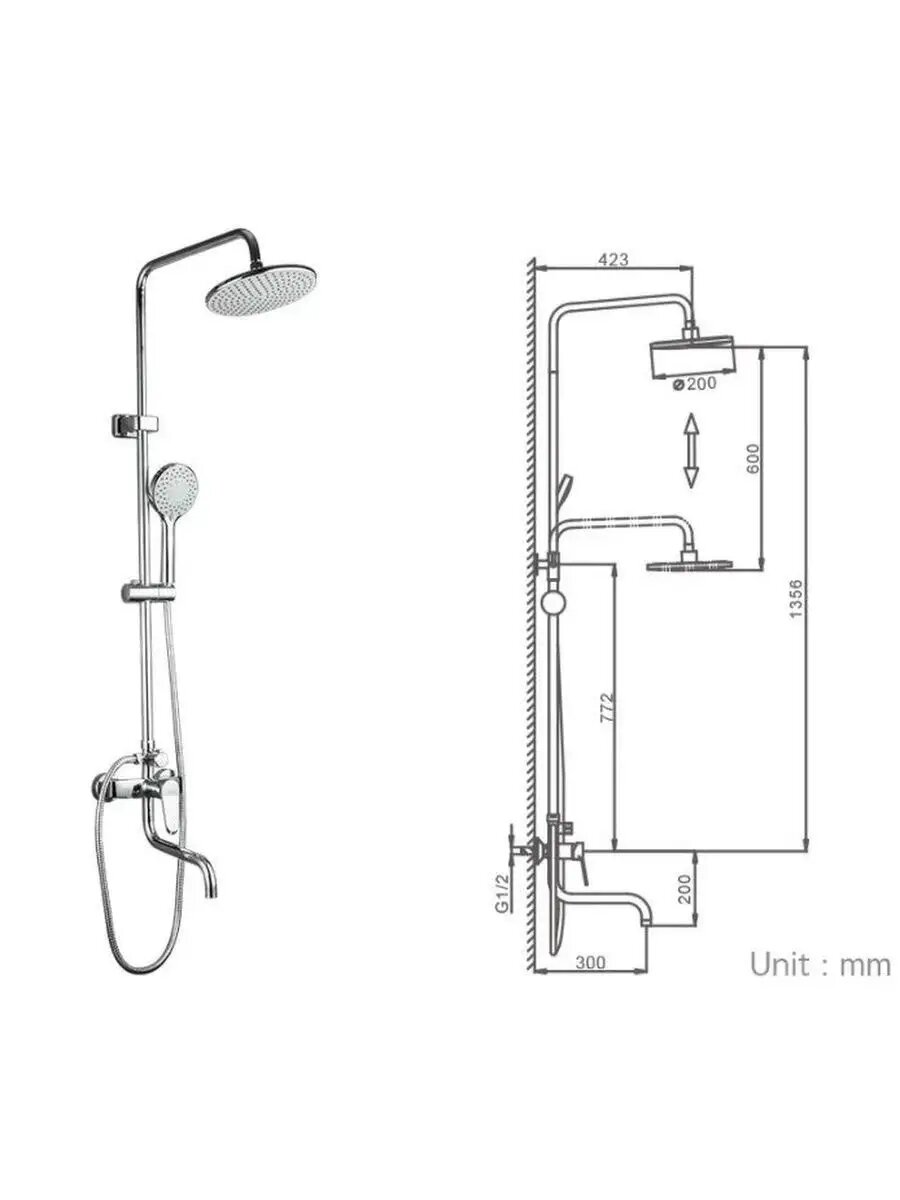 Душевая стойка со смесителем Frap F2427 с тропическим душем, хром — фото 1