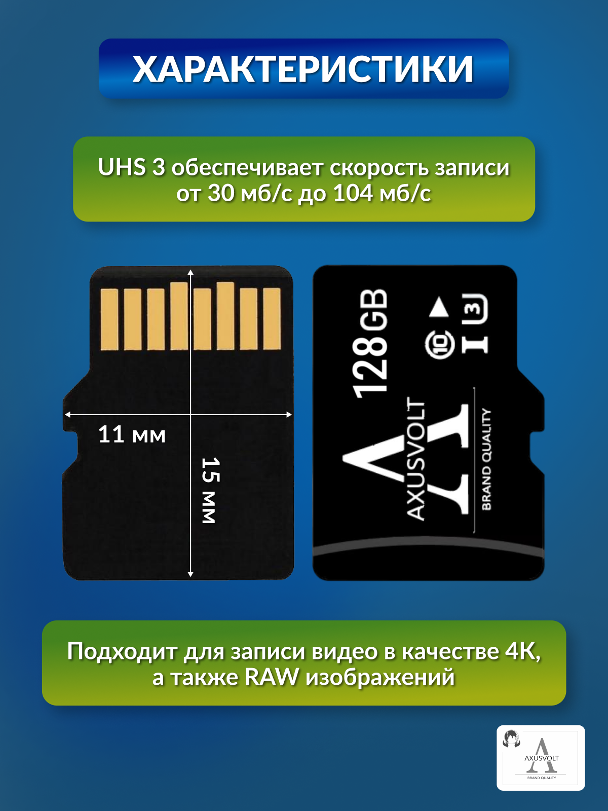 Карта памяти AXUSVOLT объемом 128Gb, microSD, Class 10, Full HD и 4K — фото 1
