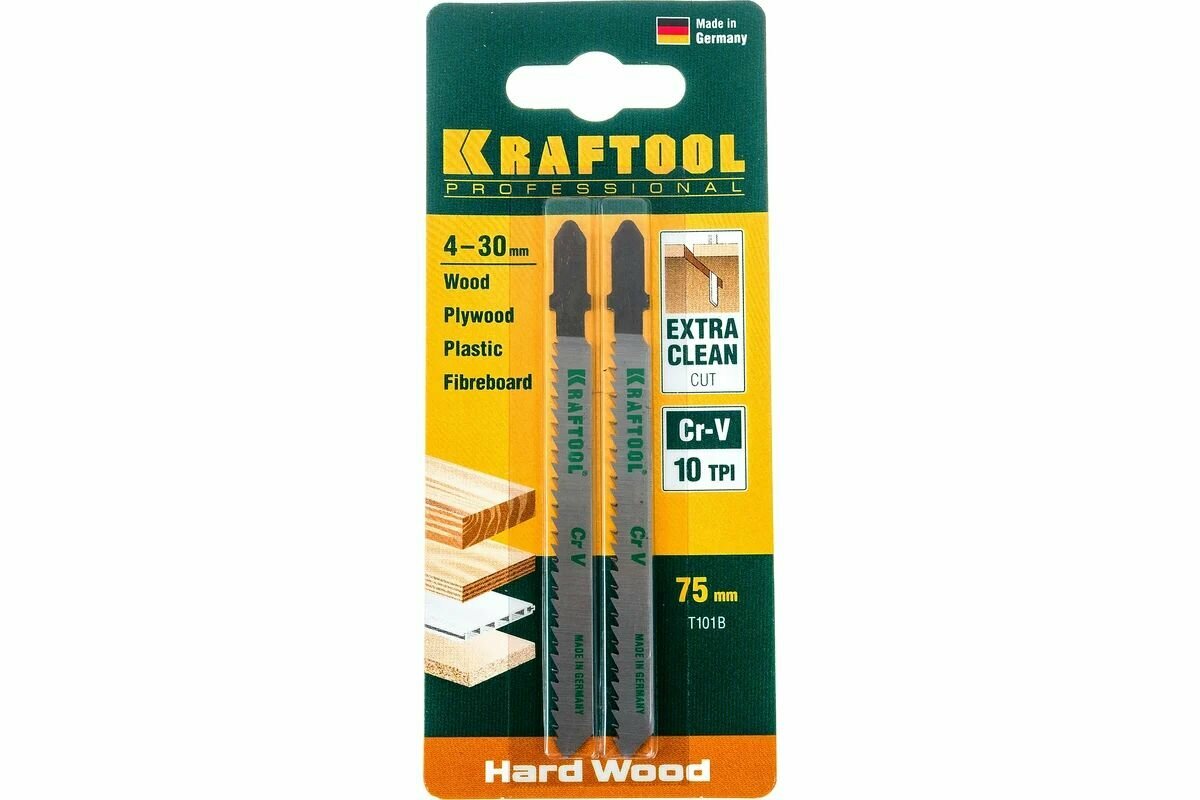 Пилка для лобзика по дереву фанере МДФ ДСП KRAFTOOL (159511-2.5) 75/100*2.5 мм прямой чистый рез (2 шт.)