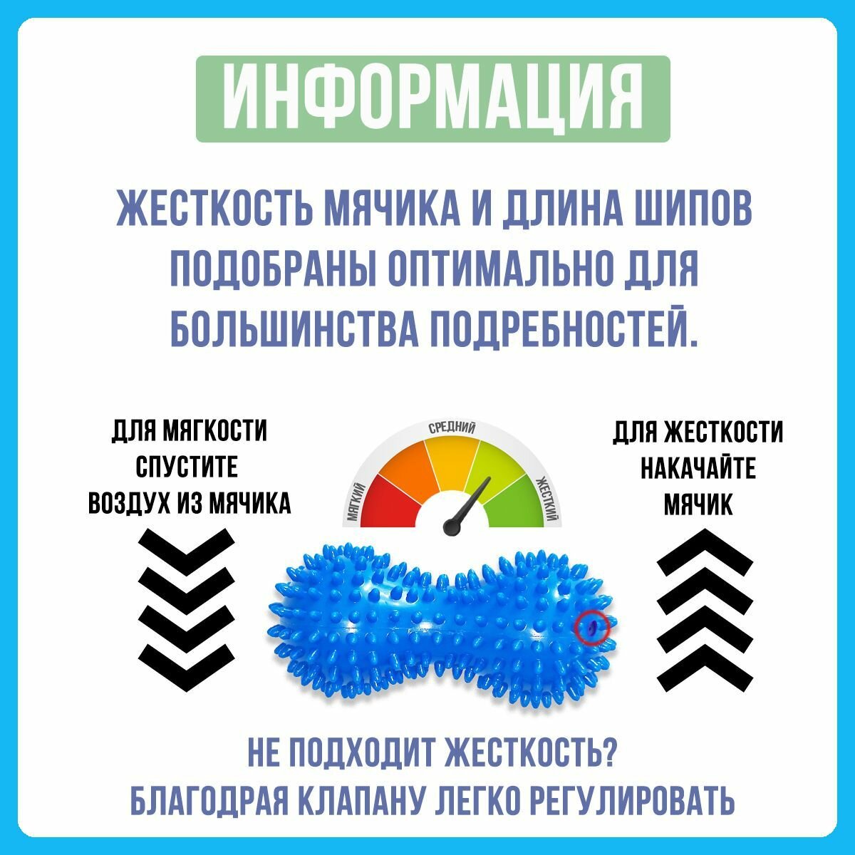 Мяч массажный для стоп, мячик с шипами, синий, форма арахис, ПВХ — фото 1