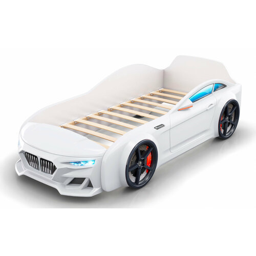 фото Romack mebel кровать-машина dynamic с подсветкой фар и матрасом, цвет белый, спальное 200х80см.