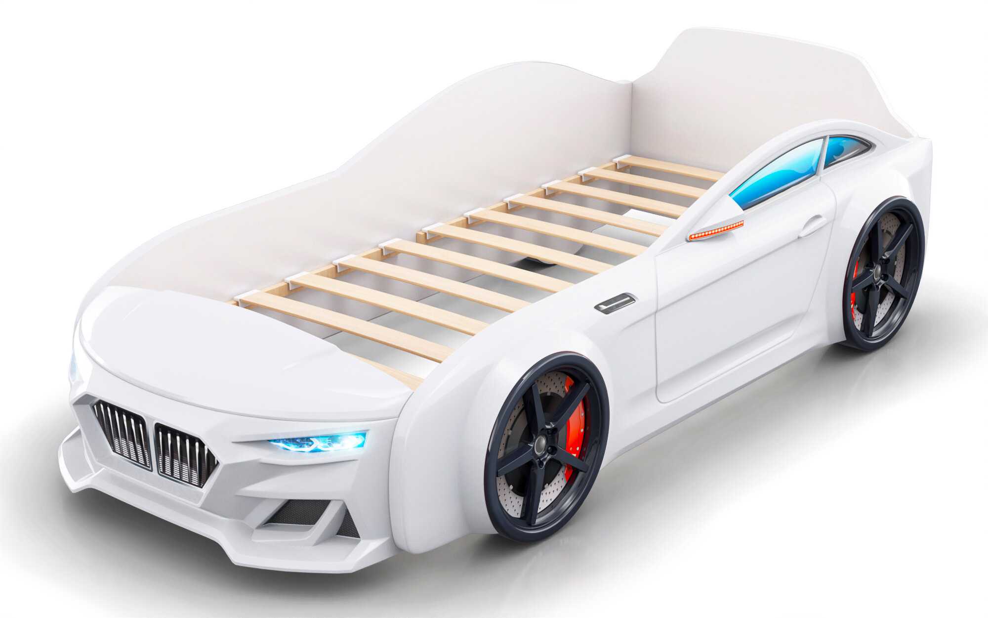 Romack mebel кровать-машина Dynamic с подсветкой фар и матрасом, цвет белый, спальное 200х80см.
