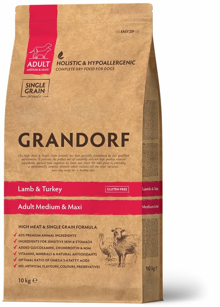 GRANDORF MED&MAXI Корм для взрослых собак средних и крупных пород Ягненок с индейкой 10 кг — фото 1