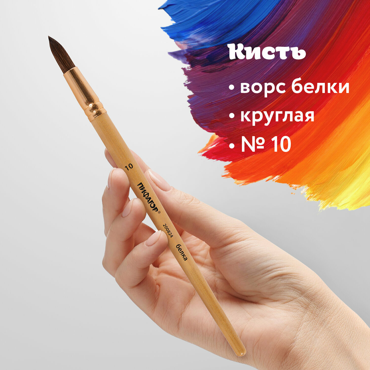 Кисть   кисточка для рисования Пифагор  белка  круглая    10  деревянная лакированная ручка  с колпачком  пакет с европодвесом  200824