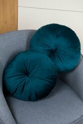 Комплект круглых подушек D37 с пуговицей бархат морская волна, 2 шт