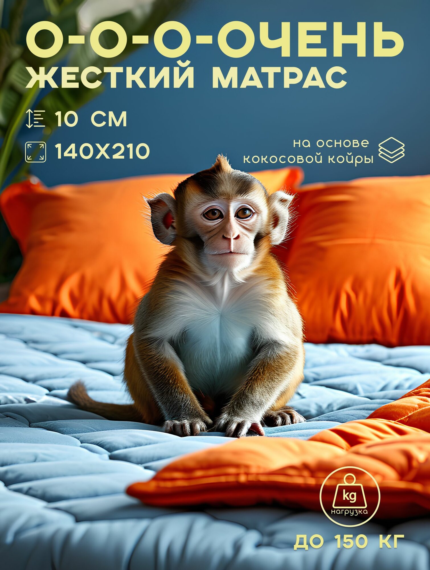 Матрас 140х210, очень жесткий, Ортис "Монолит Идеал" беспружинный, из кокоса