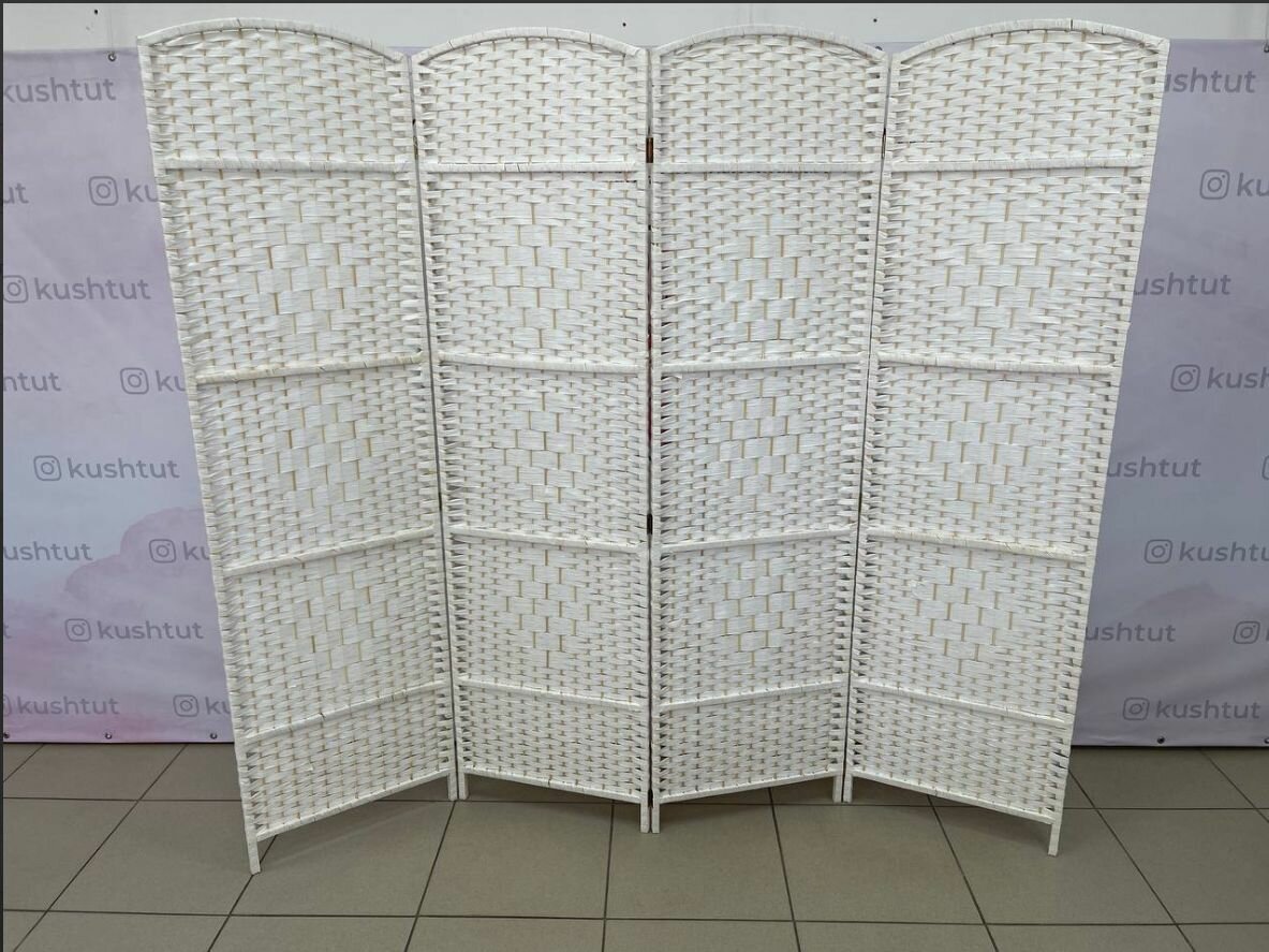 Ширма, натуральный ротанг, бежево-белая, бамбуковая, 180х200 см, 4-х створчатая, перегородка