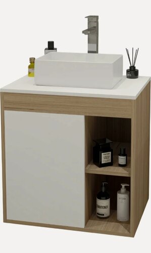 Изображение товара Тумба с раковиной Teymi Nura 60 подвесная, 60 см, со столешницей, белая, светлое дерево, матовая, из МДФ, с дверками, раковина для ванной, фарфоровая, прямоугольная