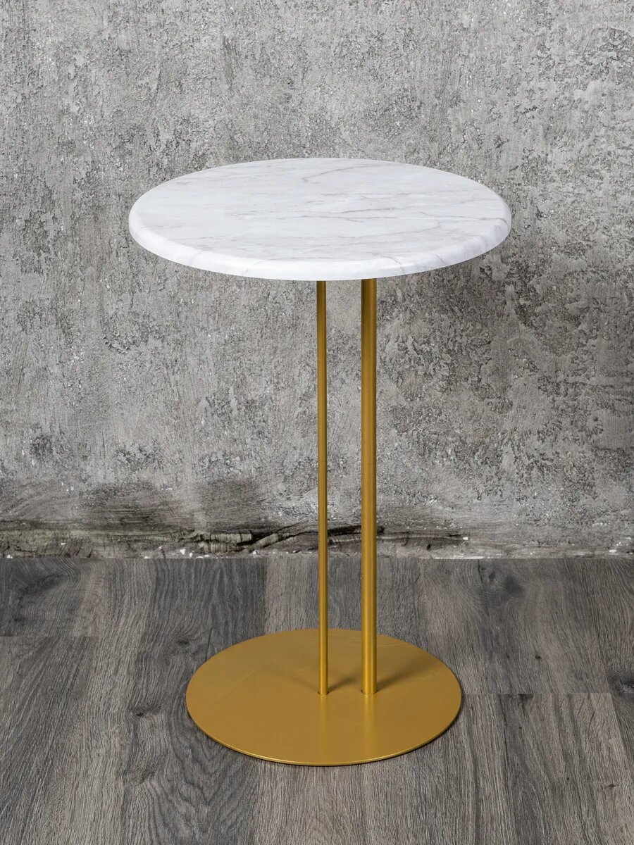 Стол прикроватный МеталлАрт М015 приставной, круглый в стиле Лофт белый мрамор/золото
