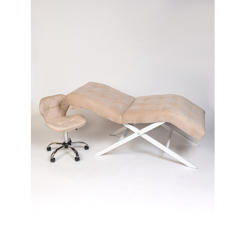 Комплект кушетка для наращивания ресниц, косметологическая Квадрат лофт, ноги белый металл и стул Ракушка, бежевый