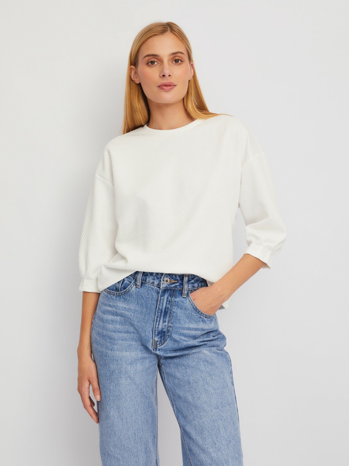 фото Свитшот с фактурным узором и укороченными рукавами, цвет Белый, размер M