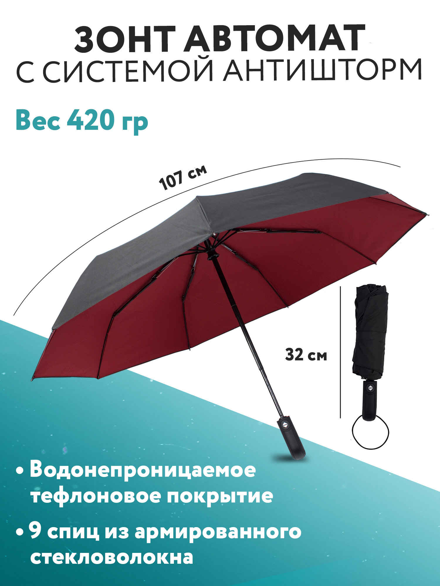 Зонт - автомат антиветер PUREVACY. Ветрозащитный компактный зонт 32см, купол 107см с системой антишторм женский, мужской, легкий автоматический зонт