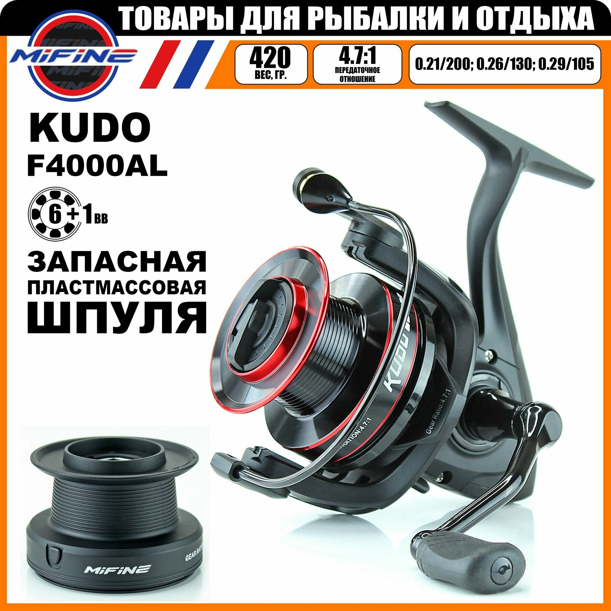 Катушка рыболовная MIFINE KUDO 4000F, 6+1подшипник, (запас. пласт. шпуля) (4:7.1), для спиннинга, для карповой ловли, для фидерной ловли, запасная пластмассовая шпуля